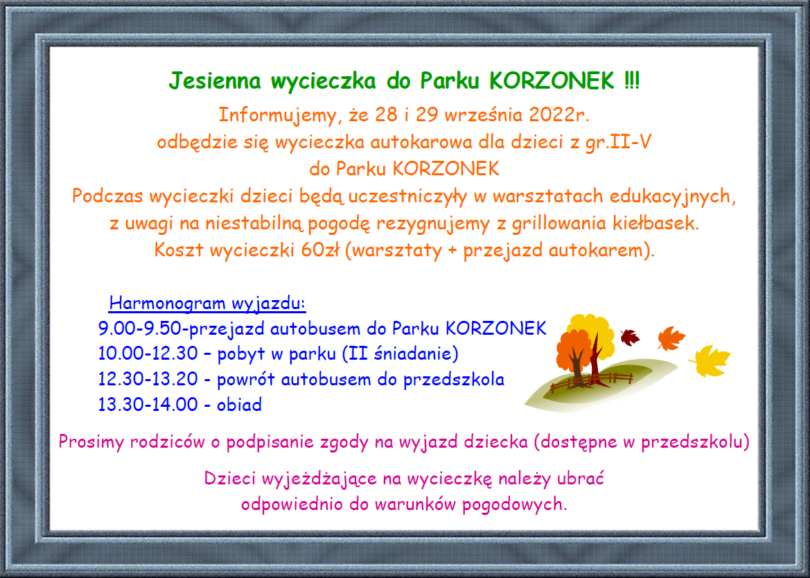 Plakat informujący o wycieczce w dniach 28 i 29 września do Parku KORZoNEk