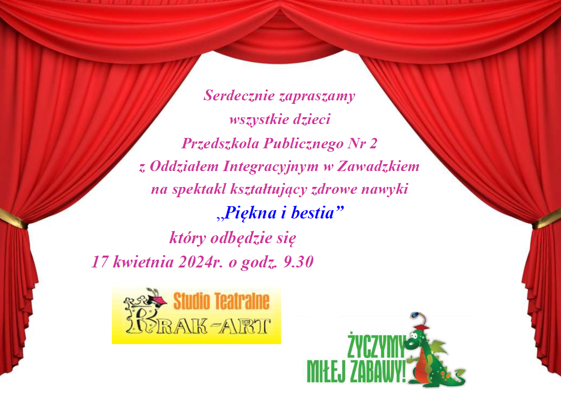 Plakat informujący o teatrzyku w przedszkolu w dniu 17.04.2024r.
