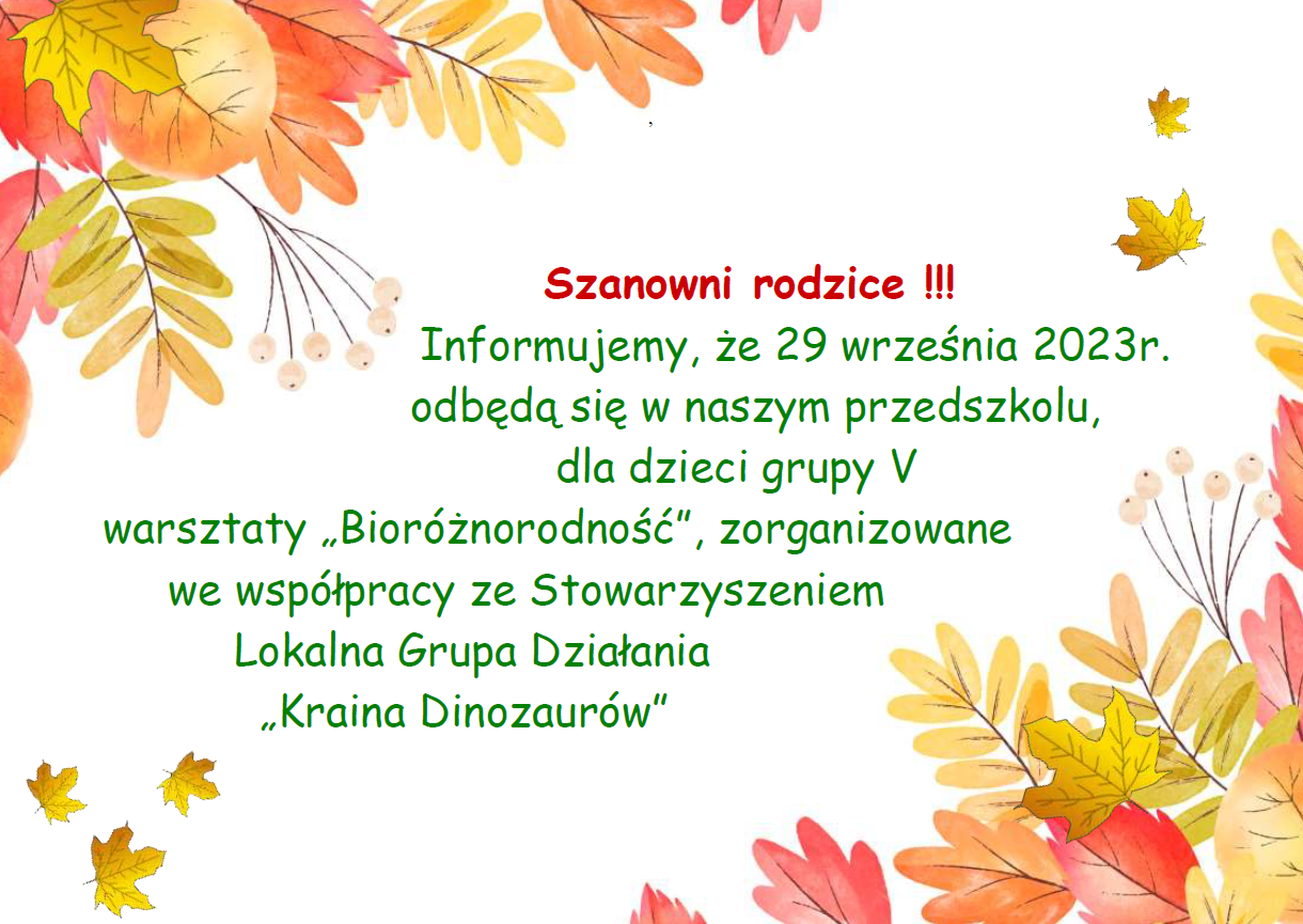 Plakat informujący o warsztatach dla gr.V w dniu 29.09.2023r. na temat "Bioróżnorodność"