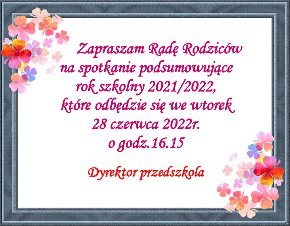 Plakat z zaproszeniem członków Rady Rodziców na spotkanie podsumowujące rok szkolny 2021-2022