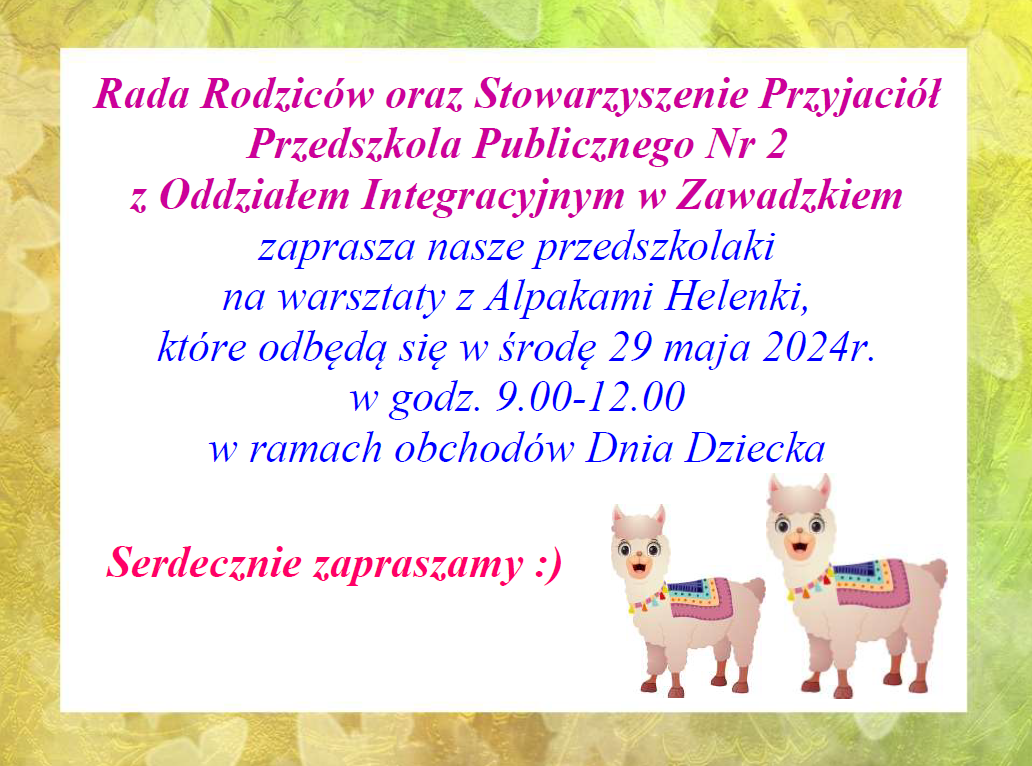 Plakat informujący o warsztatach z alpakimi w dniu 29.05.2024r.
