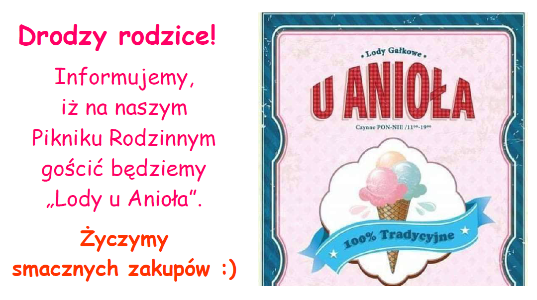 Plakat infomujący o możliwości zakupu lodów podczas Pikniku Rodzinnego