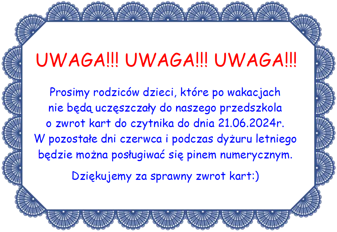 Ogłoszenie o zwrocie kart do czytnika.