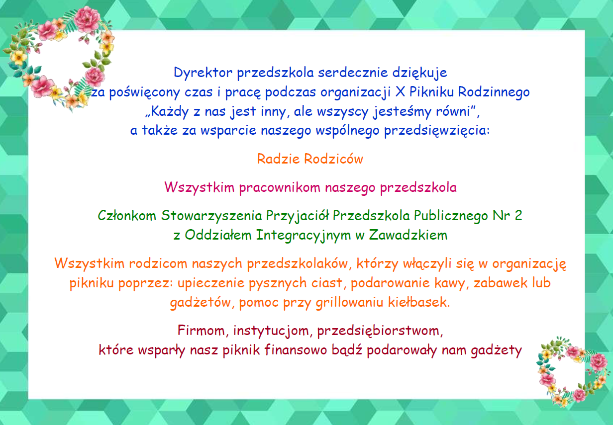 Plakat z podziękowaniami za zaangażowanie w X Pikniku Rodzinnego w dniu 08.06.2024r.