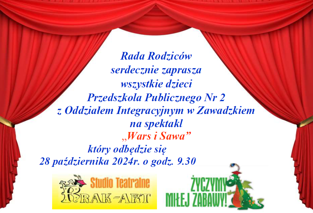 Plakat informujący o teatrzyku w przedszkolu "Wars i Sawa" w dniu 28.10.2024r. godz.9.30