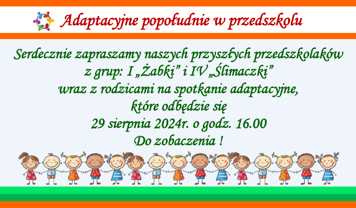 Plakat informujący o popołudniu adaptacyjnym dla maluszków w dniu 29.08.2024r. godz. 16.00