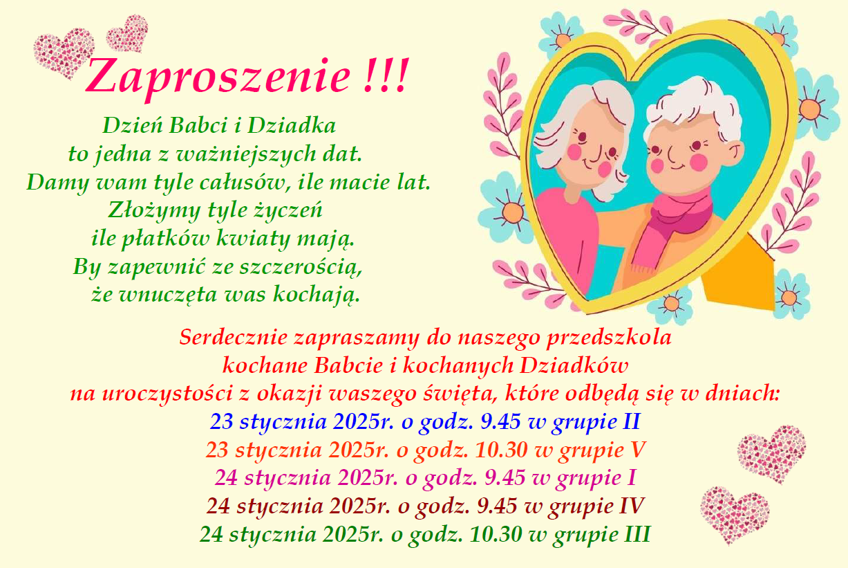Plakat zapraszający na uroczystości Dnia Babci i Dziadka, które odbędą sie 23 i 24 stycznia 2025r.