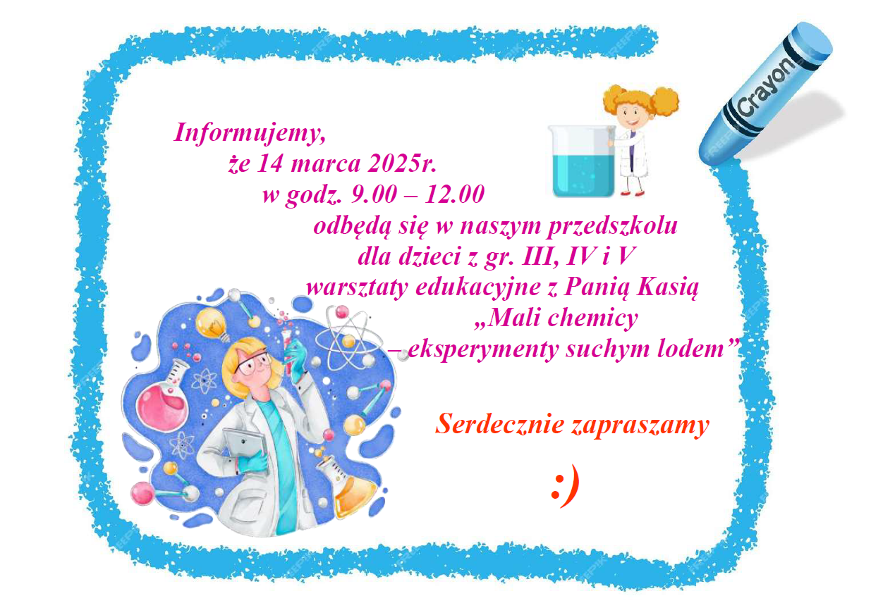 Plakat informujący o warsztatach chemicznych w dniu 14.03.2025r. o godz. 9.00