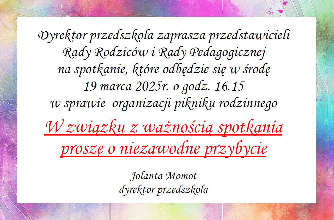 Plakat informujący o zebraniu Rady Rodziców i Rady Pedagogicznej w dniu 19.03.2025r.