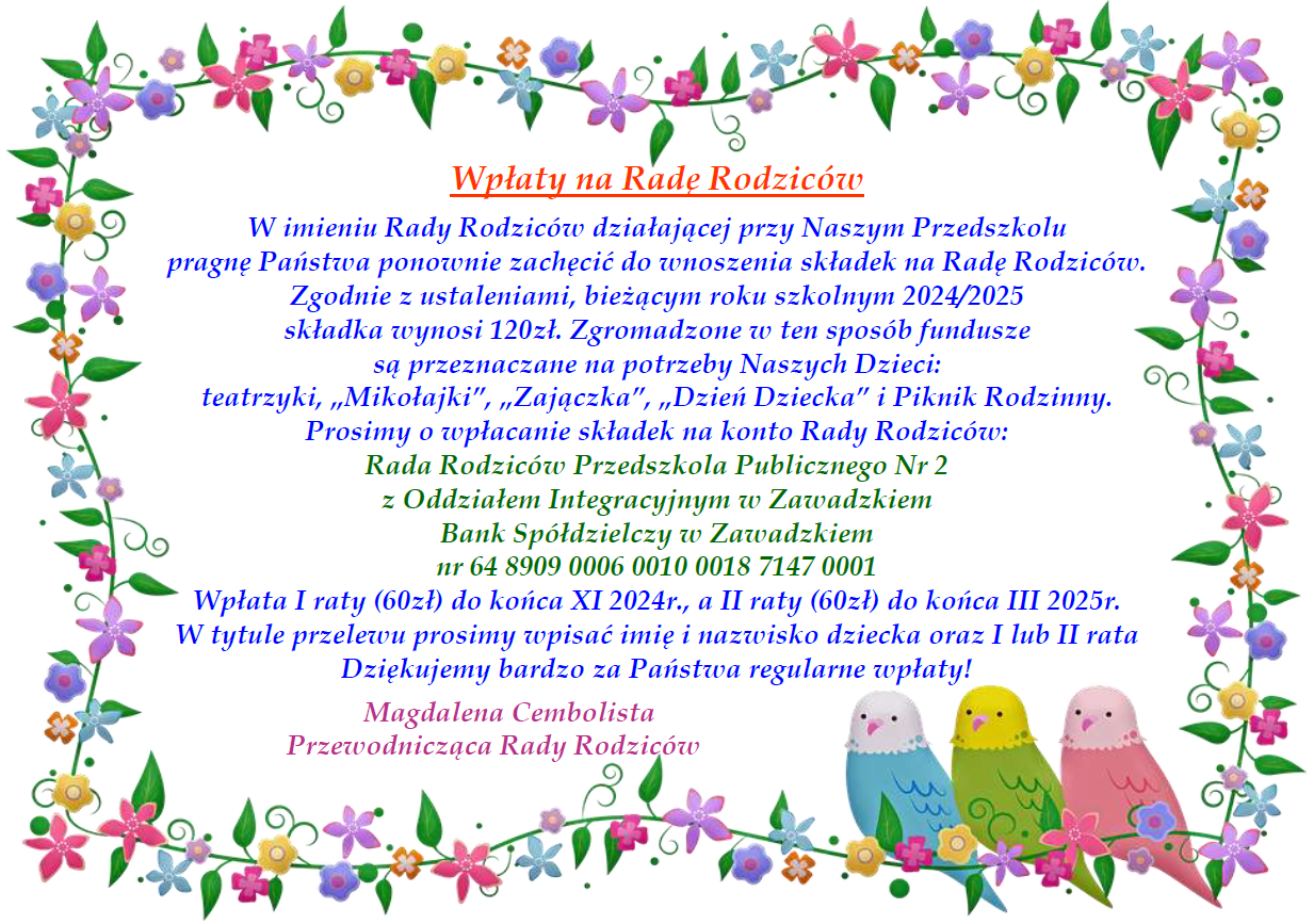 Plakat informujacy o wysokości składek na Radę Rodziców w roku szkolnym 2024-2025