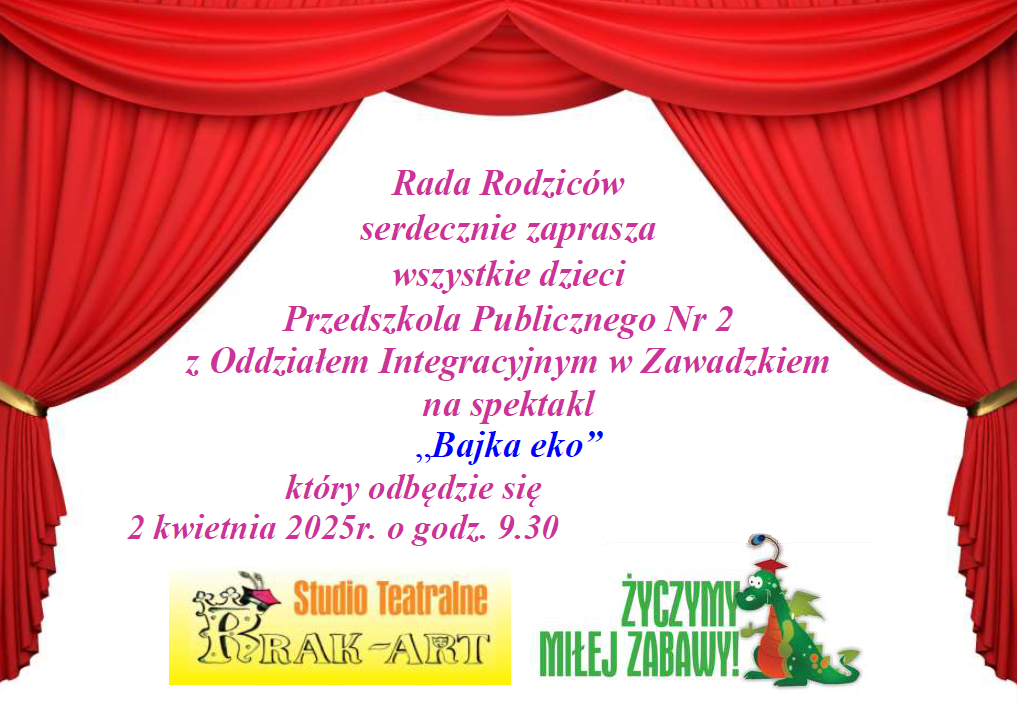 Plakat informujący o teatrzyku w przedszkolu w dniu 2 kwietnia 2025r. o godz. 9.30