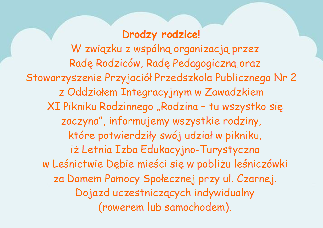 Plakat z informacjami organizacyjnymi w sprawie Pikniku rodzinnego