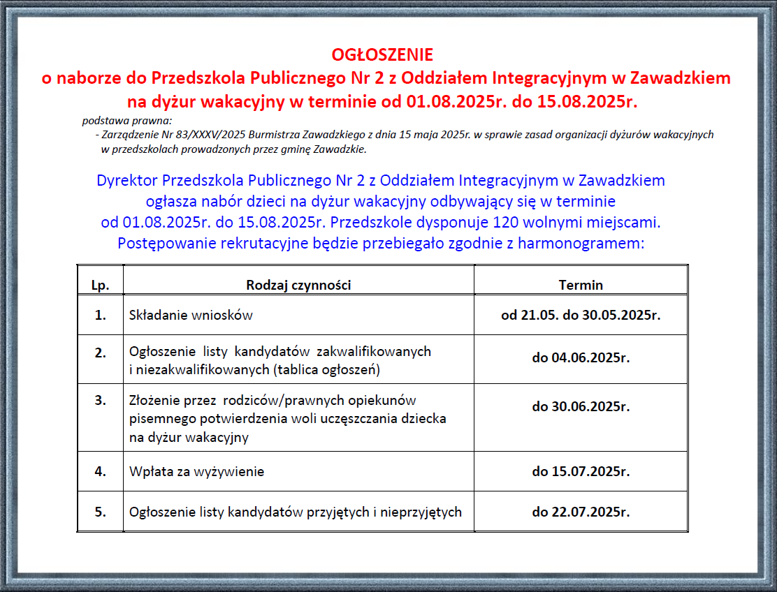 Plakat informujący o naborze na dyżur wakacyjny 2025r.