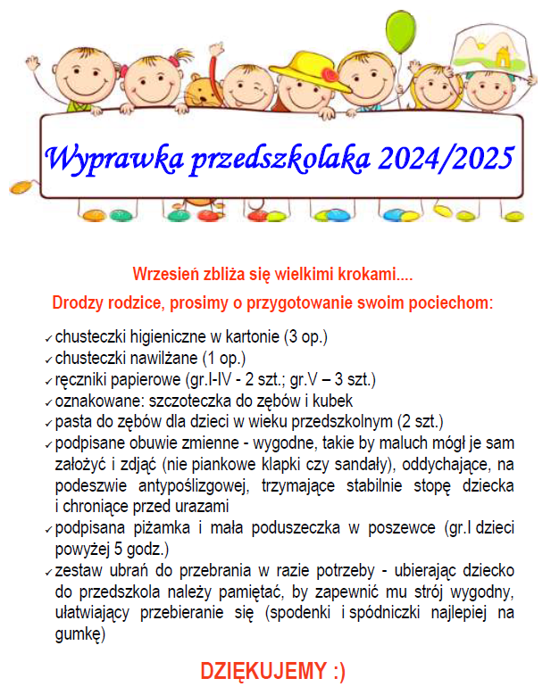 Plakat informujący o wyprawce do przedszkola na rok szkolny 2024-2025