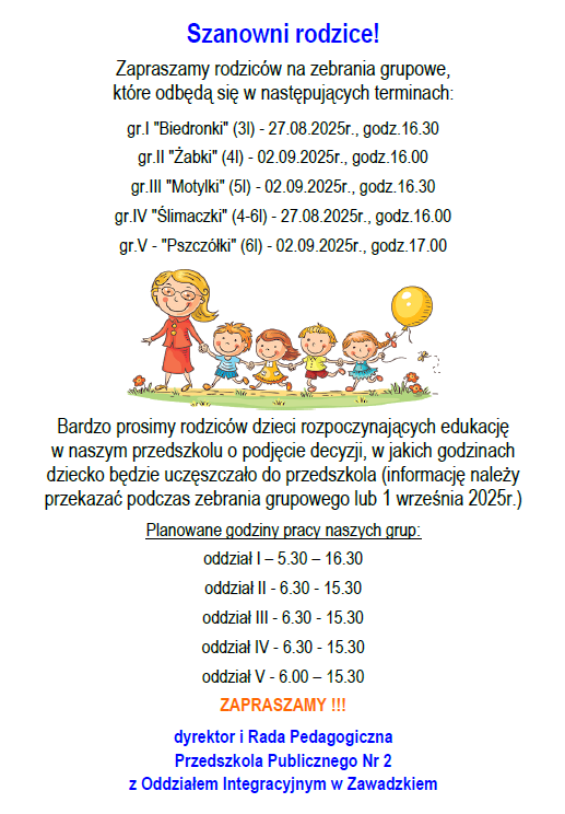 Plakat informujący o terminach zebrań grupowych 2025-2026