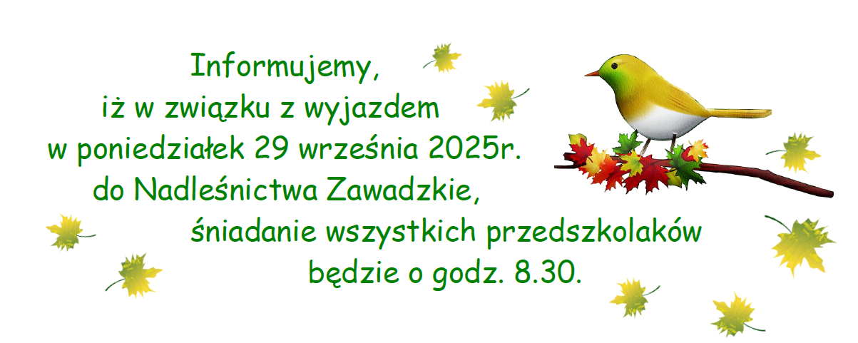 Plakat informujący o wcześniejszym śniadaniu w dniu 29.09.2025r.
