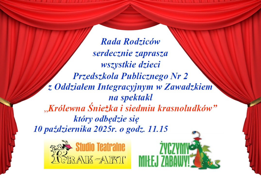 Plakat informujący o teatrzyku w przedszkolu w dniu 10.101.2025r.