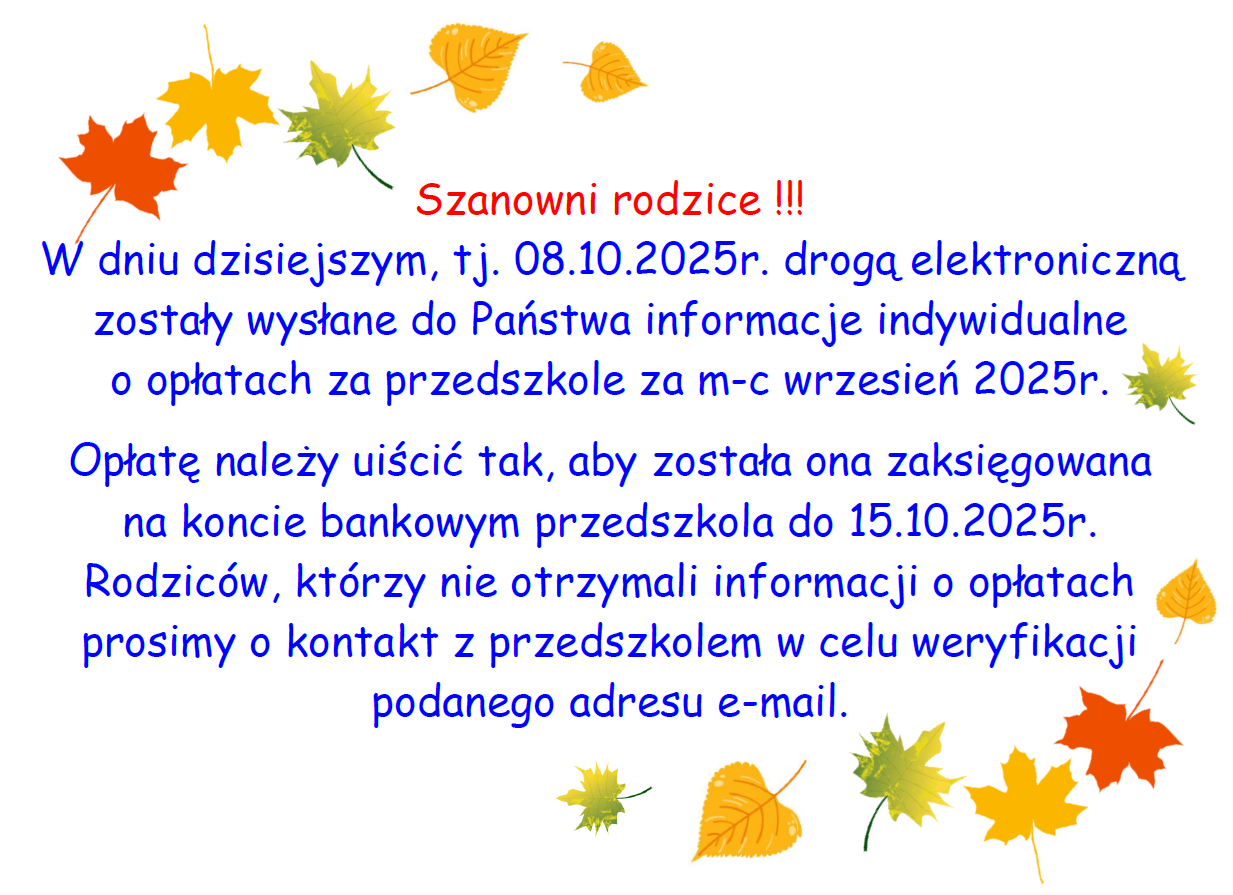 Plakat informujacy o opłatach za przedszkole za m-c wrzesień 2025r.