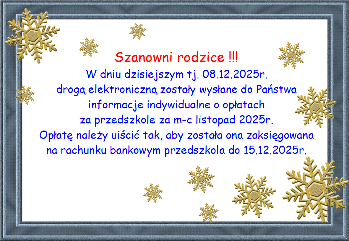 Plakat informujący o opłatach za przedszkole za m-c listopad 2025r.