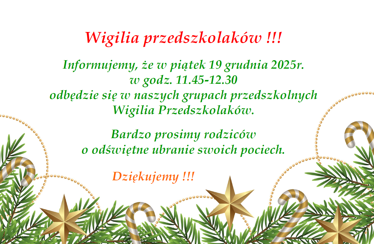 Plakat informujący o wigilii przedszkolaków w dniu 19.12.2025r.