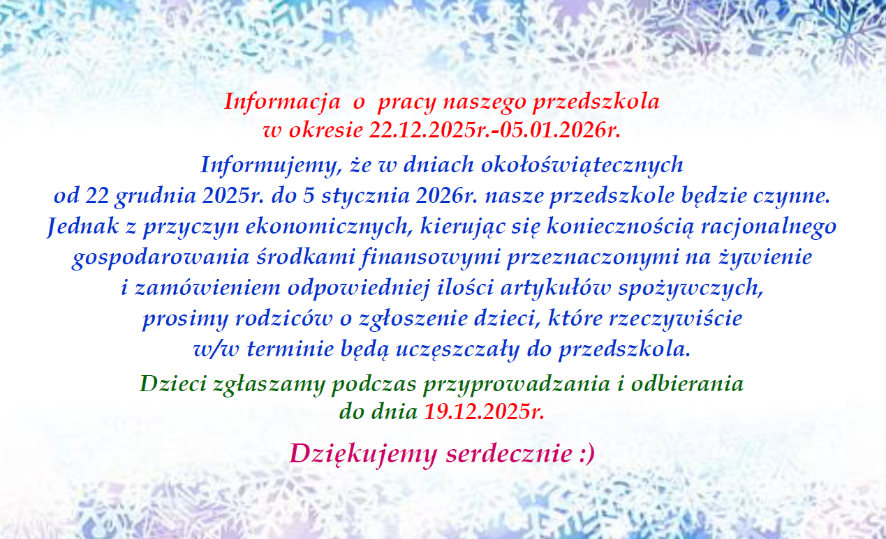 Plakat informujący o pracy przedszkola w dniach 22.12.2025r.-05.01.2026r.