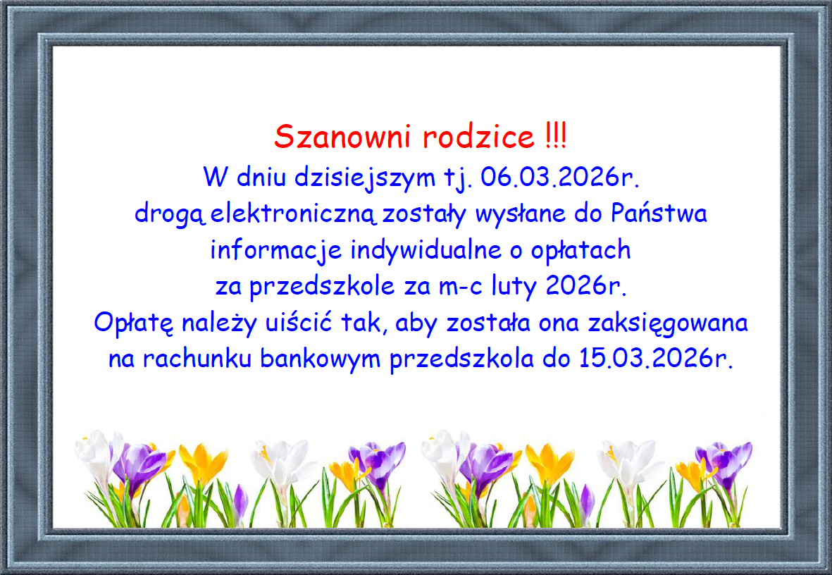 Plakat informujący o opłatach za przedszkole za m-c luty 2026r.