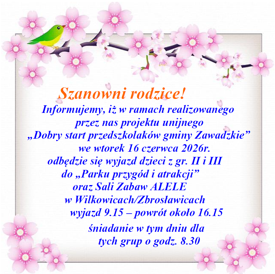 Plakat informujący o wycieczce gr. II i III do parku i sali zabaw ALELE w Zbrosławicach