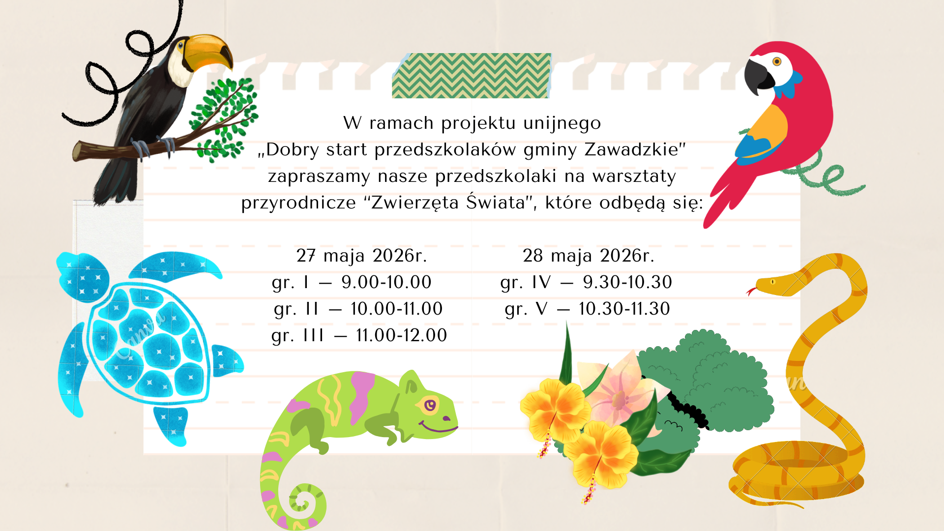 Plakat informujący o warsztatach przyrodniczych w dn, 27 i 28 maja 2026r.
