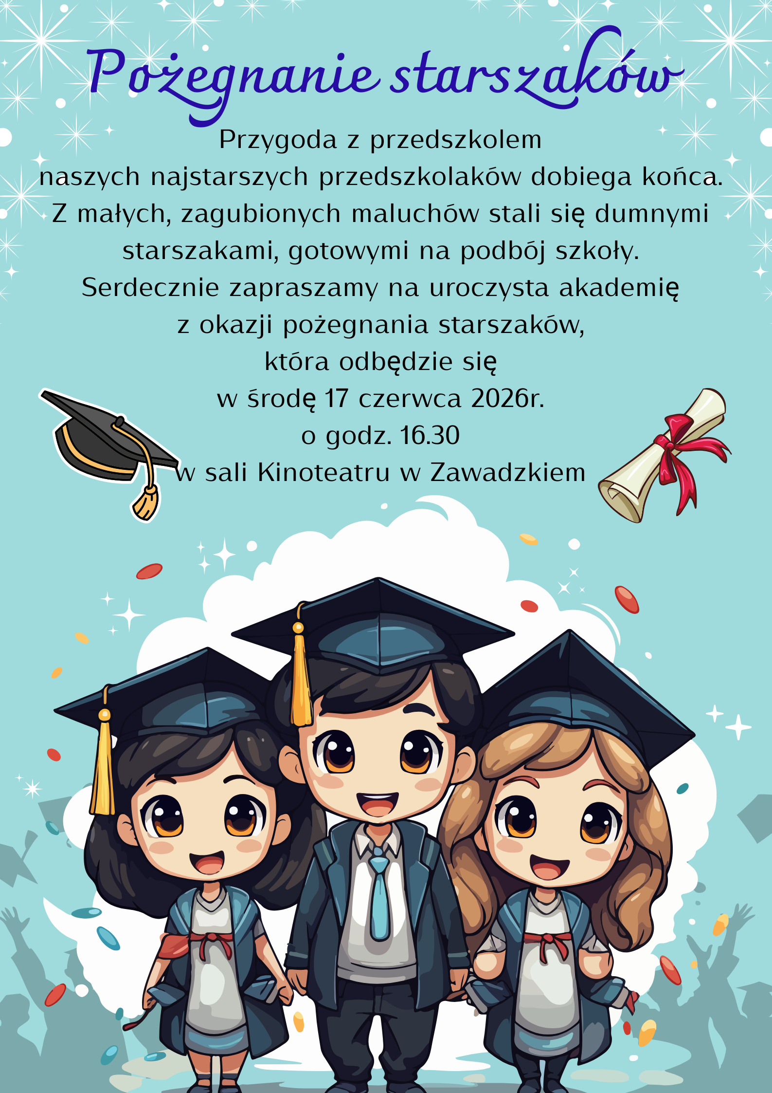 Plakat informujący o pożegnaniu starszaków w dn. 17.06.2026r. o godz. 16.30 w Kinoteatrze 