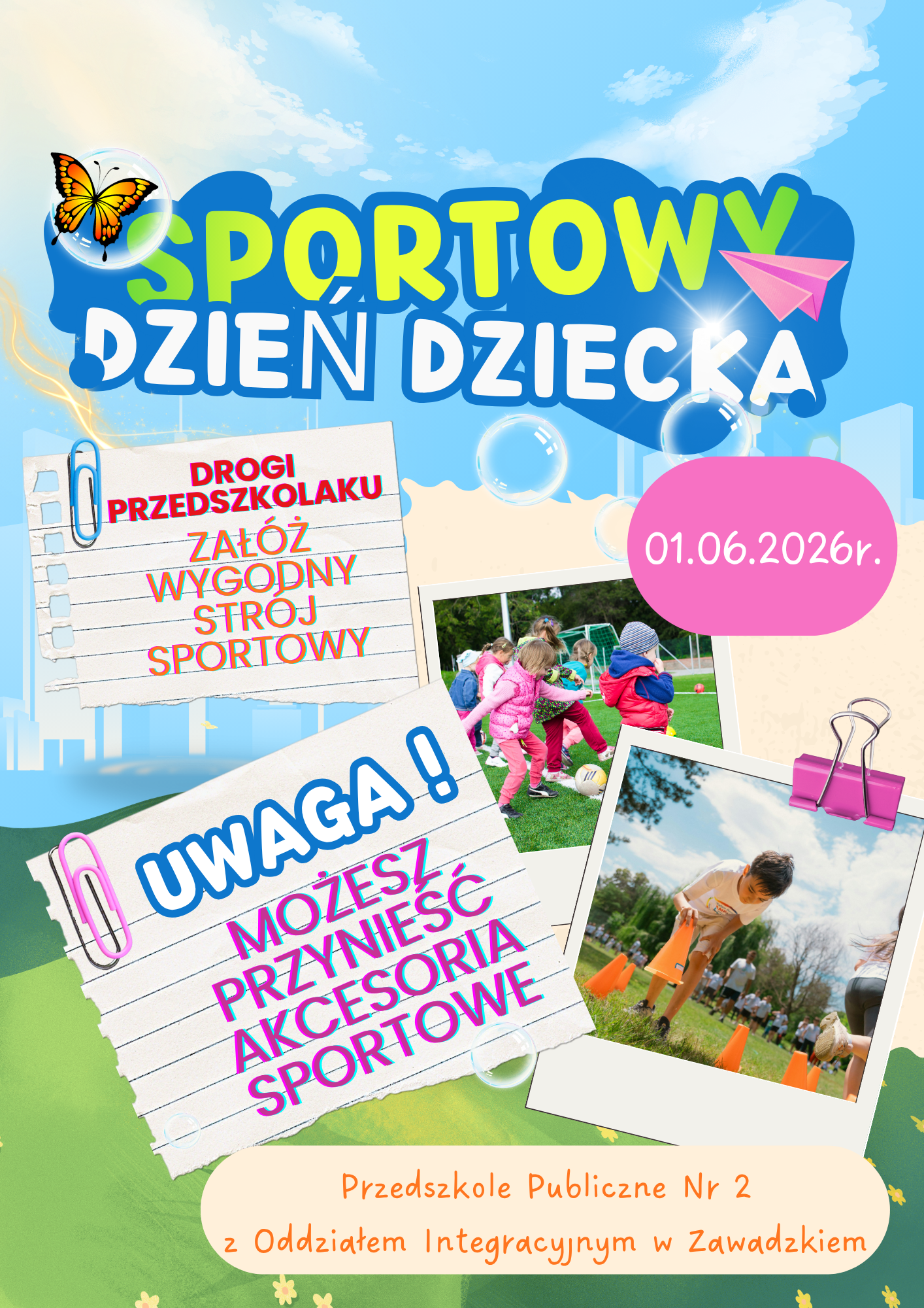 Plakat informujący o sportowym Dniu Dziecka 01.06.2026r.