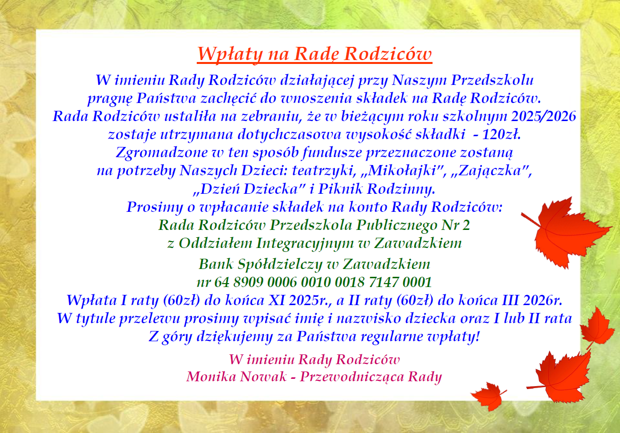 Plakat informujący o składkach i numerze konta bankowego Rady Rodziców