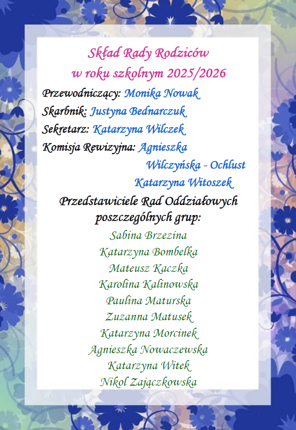Plakat informujący o składzie Rady Rodziców w roku szkolnym 2025-2026