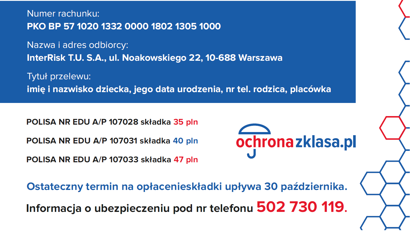 Plakat informujący o wariantach ubezpieczenia dzieci w roku szkolnym 2021-2022