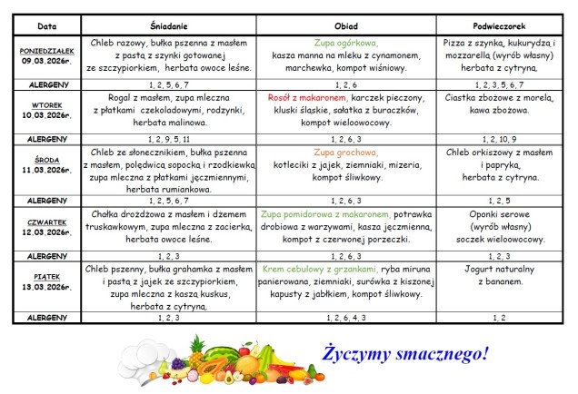 Plakat przedstawiający jadłospis na dni 09-13.03.2026r.